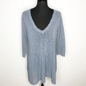 Eileen Fisher blue gray linen blend v neck tunic sweater size Large